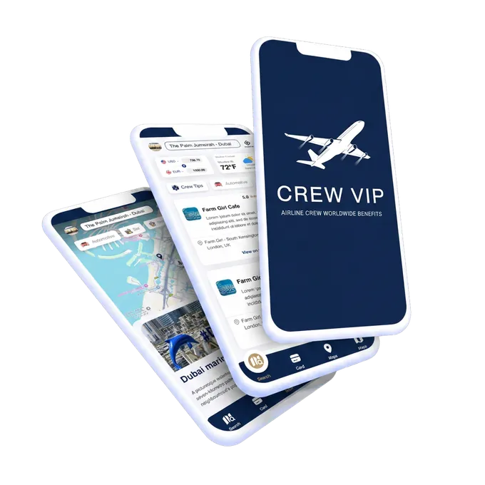 CrewVIP app shown on three phones