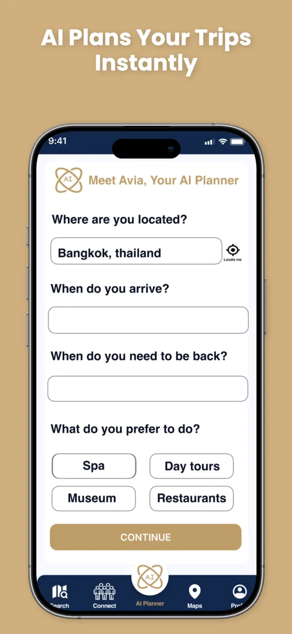 Avia AI Smart Planner screen: plan a layover by location, dates and interests