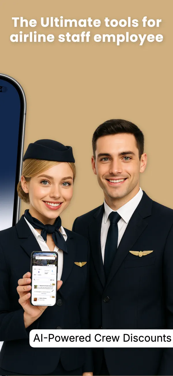 Cabin crew showing the CrewVIP app: AI-powered crew discounts, the ultimate tools for airline staff