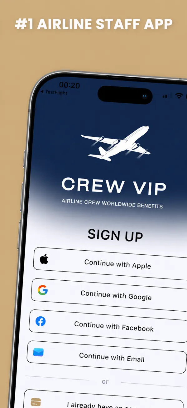 CrewVIP sign-up screen: number one airline staff app, continue with Apple, Google, Facebook or email